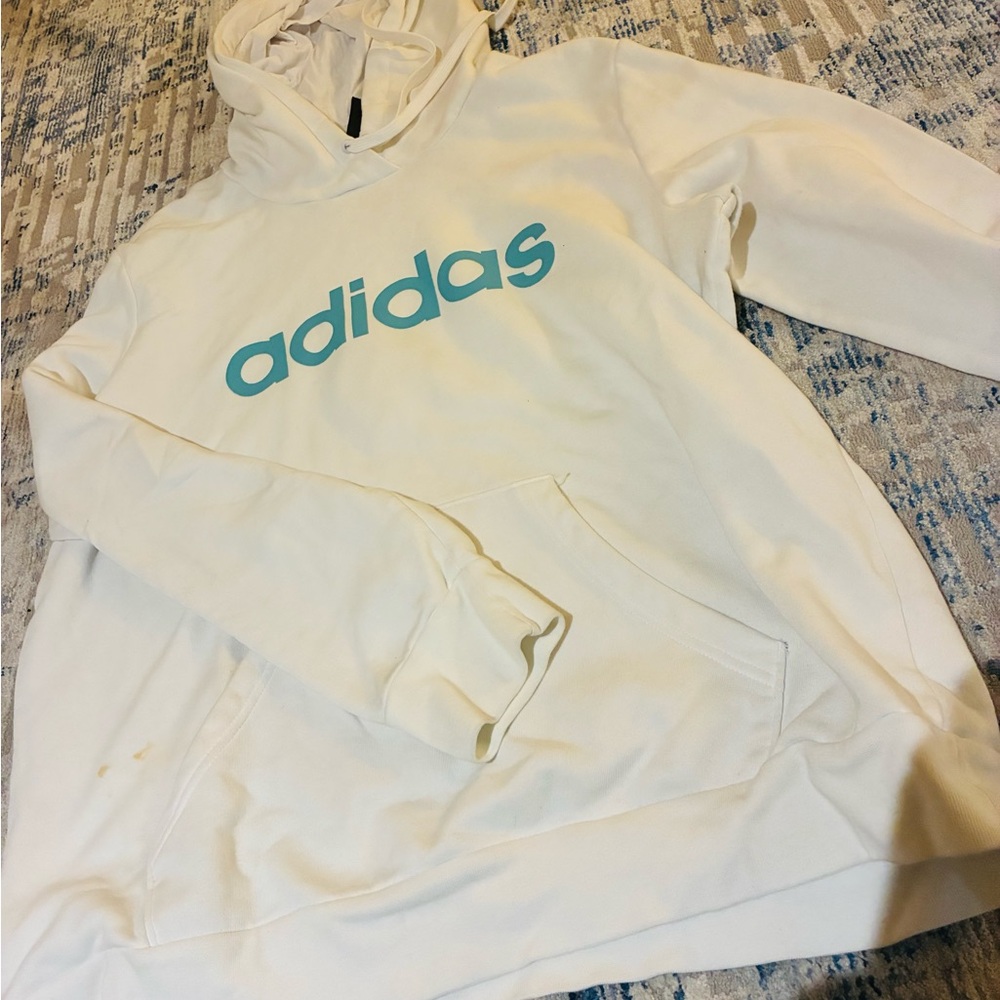 Adidas White Hoodie with Teal Logo